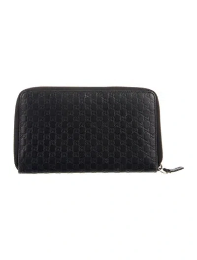 Pre-owned Gucci Zip Around Microssima Pattern Continental Wallet In Black