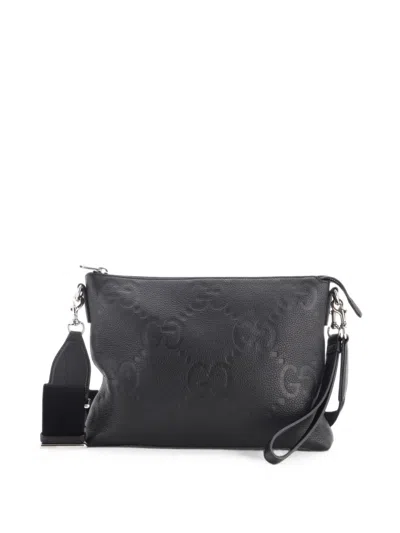 Pre-owned Gucci Zip Messenger Bag Jumbo Gg Embossed Leather Medium Clutch Bag In Black