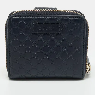 Pre-owned Gucci Zip Navy Blue Microssima Leather French Wallet