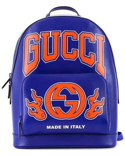 Gucci Zip Pocket Backpack Logo Print Leather Medium (authentic Pre-loved) In Blue
