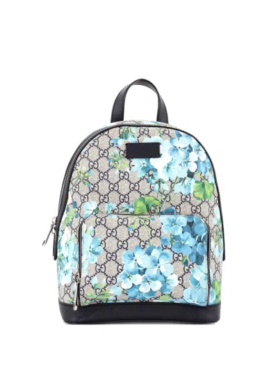 Pre-owned Gucci Zip Pocket Blooms Print Gg Coated Canvas Small Backpack In Blue