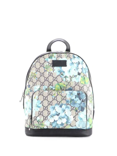 Pre-owned Gucci Zip Pocket Blooms Print Gg Coated Canvas Small Backpack In Blue