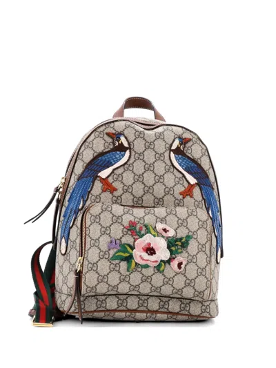 Pre-owned Gucci Zip Pocket Embroidered Gg Coated Canvas Small Backpack In Brown