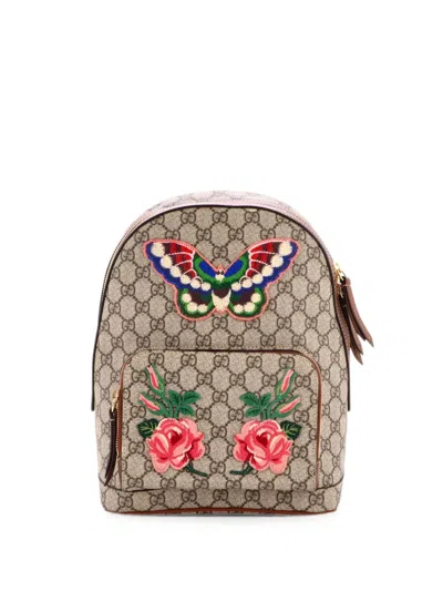 Pre-owned Gucci Zip Pocket Embroidered Gg Coated Canvas Small Backpack In Brown
