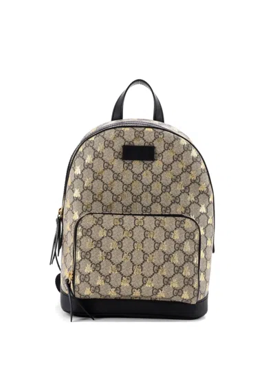 Pre-owned Gucci Zip Pocket Printed Gg Coated Canvas Small Backpack In Brown