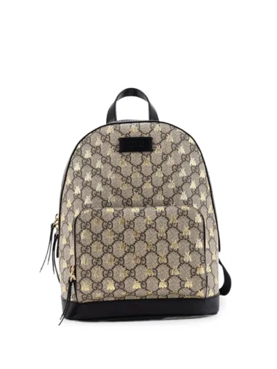 Pre-owned Gucci Zip Pocket Printed Gg Coated Canvas Small Backpack In Brown