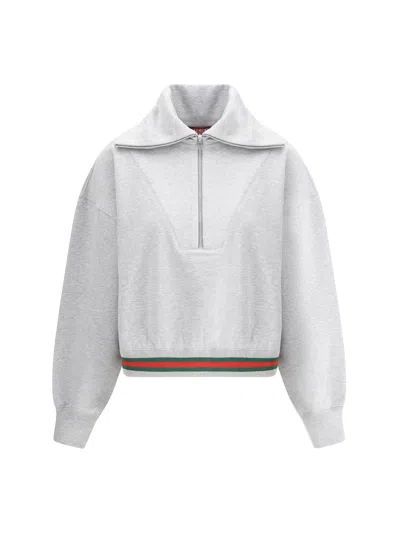 Gucci Grey Sweatshirt With Half Zip Closure And Web Detail On The Waist In Jersey Woman In Multicolor