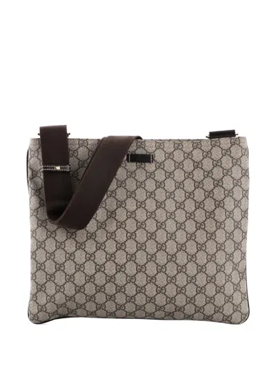 Pre-owned Gucci Zip Top Messenger Bag Gg Coated Canvas Large Crossbody Bag In Brown