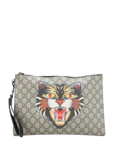 Pre-owned Gucci Zipped Pouch Angry Cat Gg Coated Canvas Large Clutch Bag In Brown