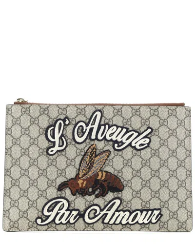 Gucci Zipped Pouch Leather With Applique Large (authentic Pre-loved) In Brown