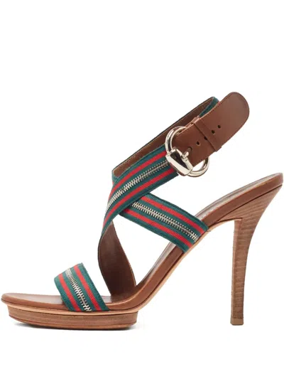 Pre-owned Gucci Zipper Striped Sandals In Brown