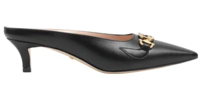 Pre-owned Gucci Zumi Black Leather Silver Gold Gg Kitten Heel Mule Slide Loafer Pump 36.5
