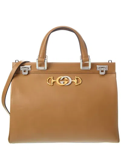 Gucci Zumi Medium Leather Top Handle Tote In Brown