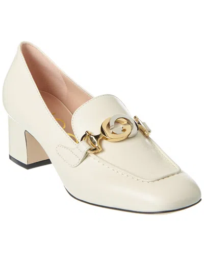 Gucci Zumi Mid-heel Leather Loafer In White