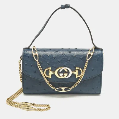 Pre-owned Gucci Zumi Navy Blue Ostrich Leather Chain Clutch