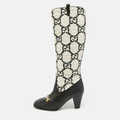 Pre-owned Gucci Zumi Size 38 Black/white Gg Tweed And Leather Knee Length Boots