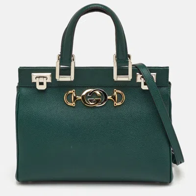 Pre-owned Gucci Zumi Small Dark Green Grain Leather Interlocking G Horsebit Tote