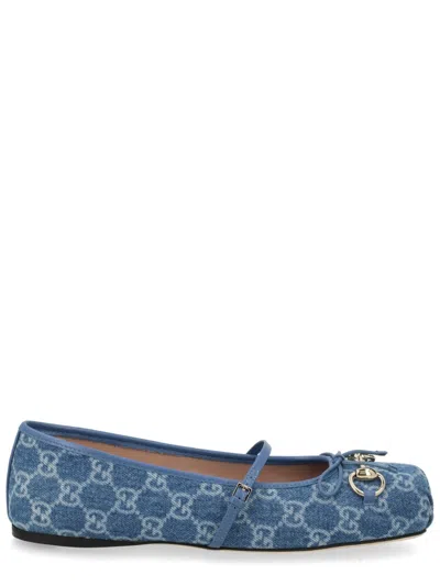 Gucci -inspired Mini Ballerina Flats In Cotton In Blue