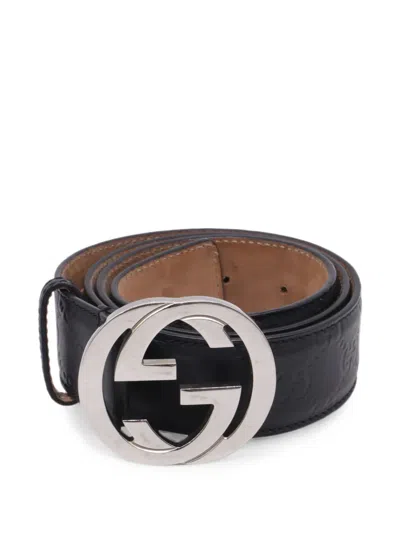 Pre-owned Gucci Ssima Interlocking G-buckle Belt In Black