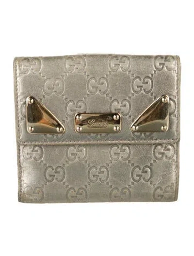 Pre-owned Gucci Ssima Leather French Flap Wallet Gg Signature Compact Wallet In Gold