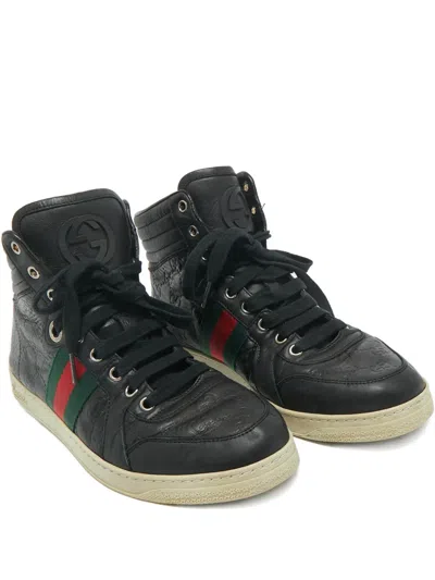 Pre-owned Gucci Ssima Web Leather Sneakers In Black