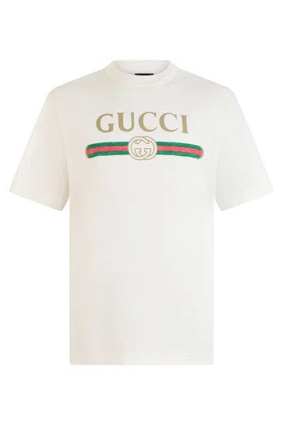 Gucci -style Cotton & Silk Jersey T-shirt With Graphic Logo Print In White