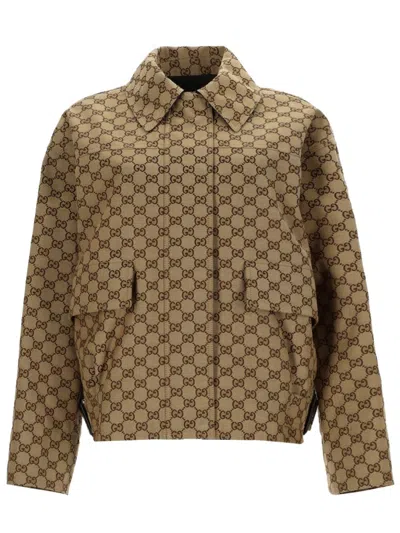 Gucci -style Gg Texture Bomber Jacket For Women In Brown