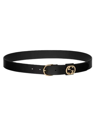 Gucci -style Interlocking G Round Buckle Leather Belt With 3cm Width In Nero
