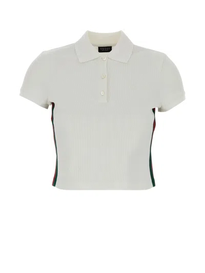 Gucci -style Ribbed Polo T-shirt With Double G Embroidery And Web Insert In White