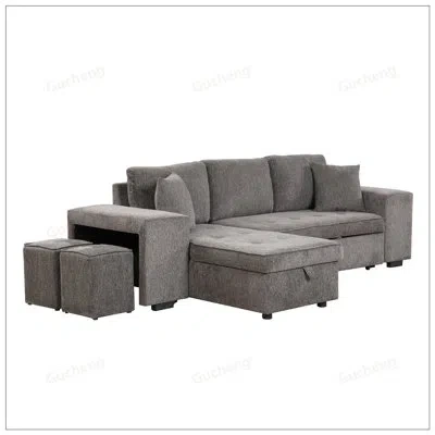Gucheng 104.5inch Pull Out Sleeper Sofa Reversible L-shape 3 Seat Sectional Couch With Storage Chaise And 2  In Carbon Gray Linen