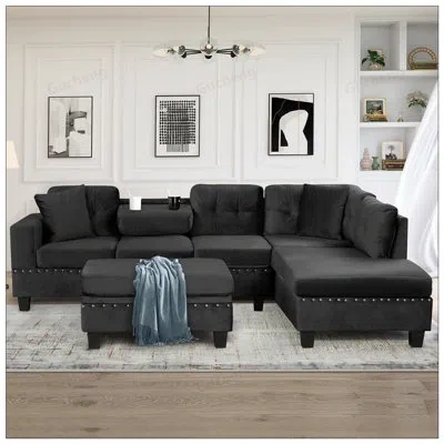 Gucheng 105inch Modern Sectional Sofa With Storage Ottoman, L-shape Couch With 2 Pillows And Cup Holders, Re In Black