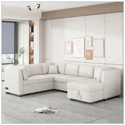 Gucheng 108.6inch U-shaped Sectional Sofa Bed With Usb Ports, Power Sockets, Back Pillows, And Storage Chais In White
