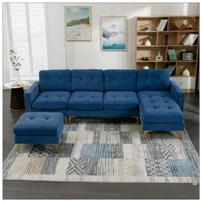 Gucheng 110.6inch L-shape Convertible Sectional Sofa Couch With Movable Ottoman For Living Room, Apartment,  In Blue