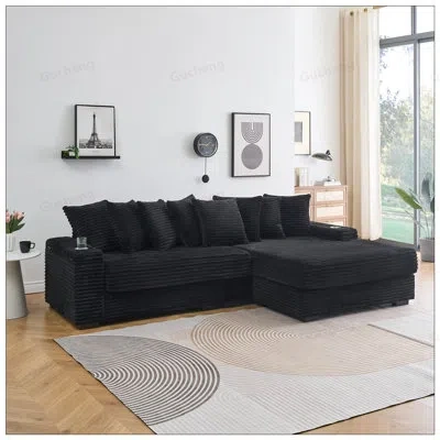 Gucheng 111.4-inch Corduroy Sofa With Cup Holders, Lockers, And Reversible Chaise Lounge For Modern Living S In Black