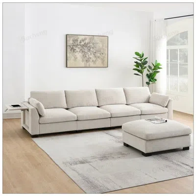 Gucheng 130inch L-shape Modular Sectional Sofa With Folding Table, Dual-port Charging, Side Storage Pockets, In White