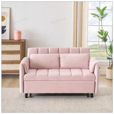 Gucheng 52 Inch Modern Velvet Sofa Bed, Small Love Seat With Back, Pillow, Pockets, And 3-in-1 Convertible S In Pink