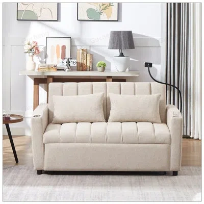 Gucheng 55.9inch Convertible Sofa Bed Loveseat With Adjustable Backrest, Usb Ports, And Multiple Storage Opt In Beige