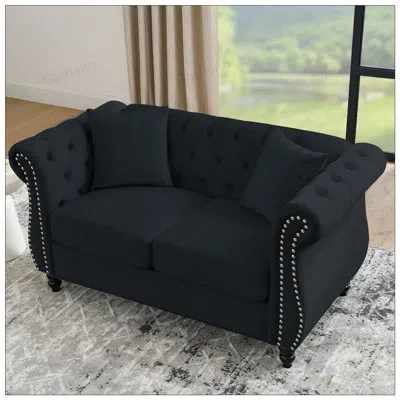Gucheng 58.8inch Chesterfield Sofa Velvet For Living Room, 2 Seater Tufted Couch With Rolled Arms And Nailhe In Black