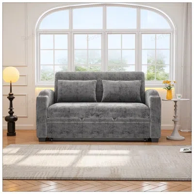 Gucheng 61.6inch Pull Out Sofa Bed Modern Chenille Convertible Loveseat With Adjustable Backrest, 2 Pillows, In Gray