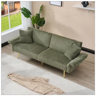 Gucheng 79 Inch Corduroy Sofa Bed, Foldable Double Seating With Adjustable Armrests For Versatile Living Roo In Green