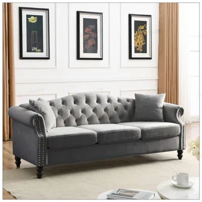 Gucheng 79inch Chesterfield Velvet Sofa For Living Room, 3 Seater With Rolled Arms And Nailhead Trim, Includ In Grey