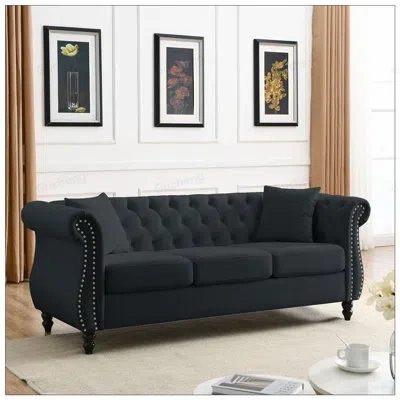 Gucheng 80inch Chesterfield Velvet Sofa For Living Room, 3 Seater Tufted Couch With Rolled Arms And Nailhead In Black