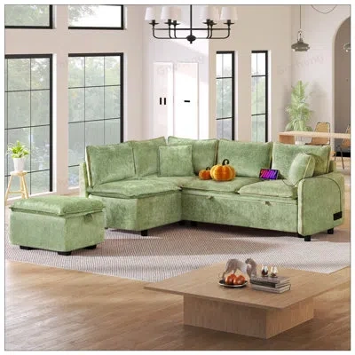 Gucheng 82.67inch Convertible Sofa Bed With Storage Ottoman, Power Sockets, Usb Ports, And Ergonomic Design  In Green