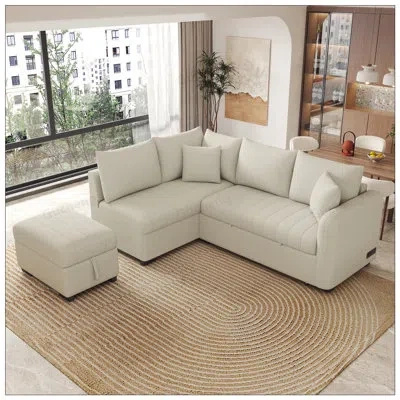 Gucheng 82.6inch L-shaped Sectional Pull Out Sofa Bed With Storage Ottoman, Usb Ports, And Power Sockets For In White