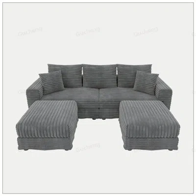 Gucheng 82.7 Inch Plush Corduroy 3-seat Sofa With Soft Pillows And 2 Ottomans, Convertible To Lounge Chair F In Grey