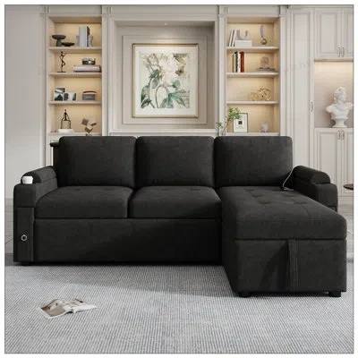 Gucheng 83.5inch L-shaped Sofa Couch Convertible Sofa Bed Sectional With Ample Storage, Cup Holders, And Usb In Black