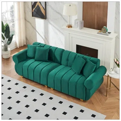 Gucheng 89-inch Flannelette Sofa With Spring-wrapped Cushions, Metal Feet, And 4 Throw Pillows For Modern Li In Green