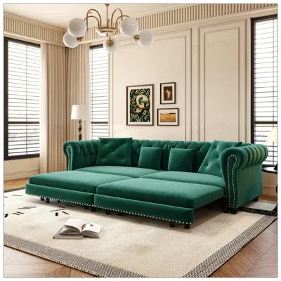 Gucheng Chesterfield 89 Inch 3-in-1 Convertible Sleeper Sofa Bed With Tufted Design And Movable Ottoman, Kin In Green