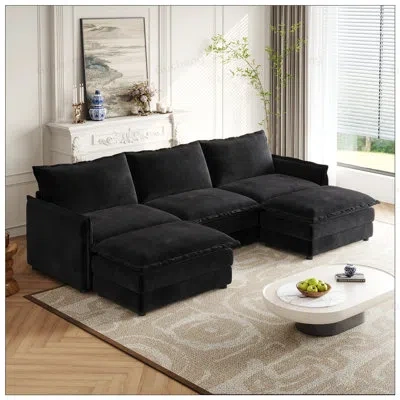 Gucheng Corduroy Fabric 3-seater Comfy Cloud Couch With 2 Movable Footrests, Oversized Deep Seat U-shaped So In Black