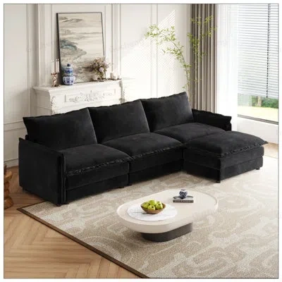 Gucheng Corduroy Fabric 3-seater Comfy Cloud Couch With Movable Footrest, Oversized Deep Seat L Shaped Sofa  In Black